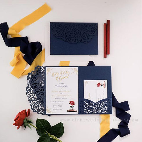 Beauty and the beast navy blue red rose pocket wedding invitations CWIL80